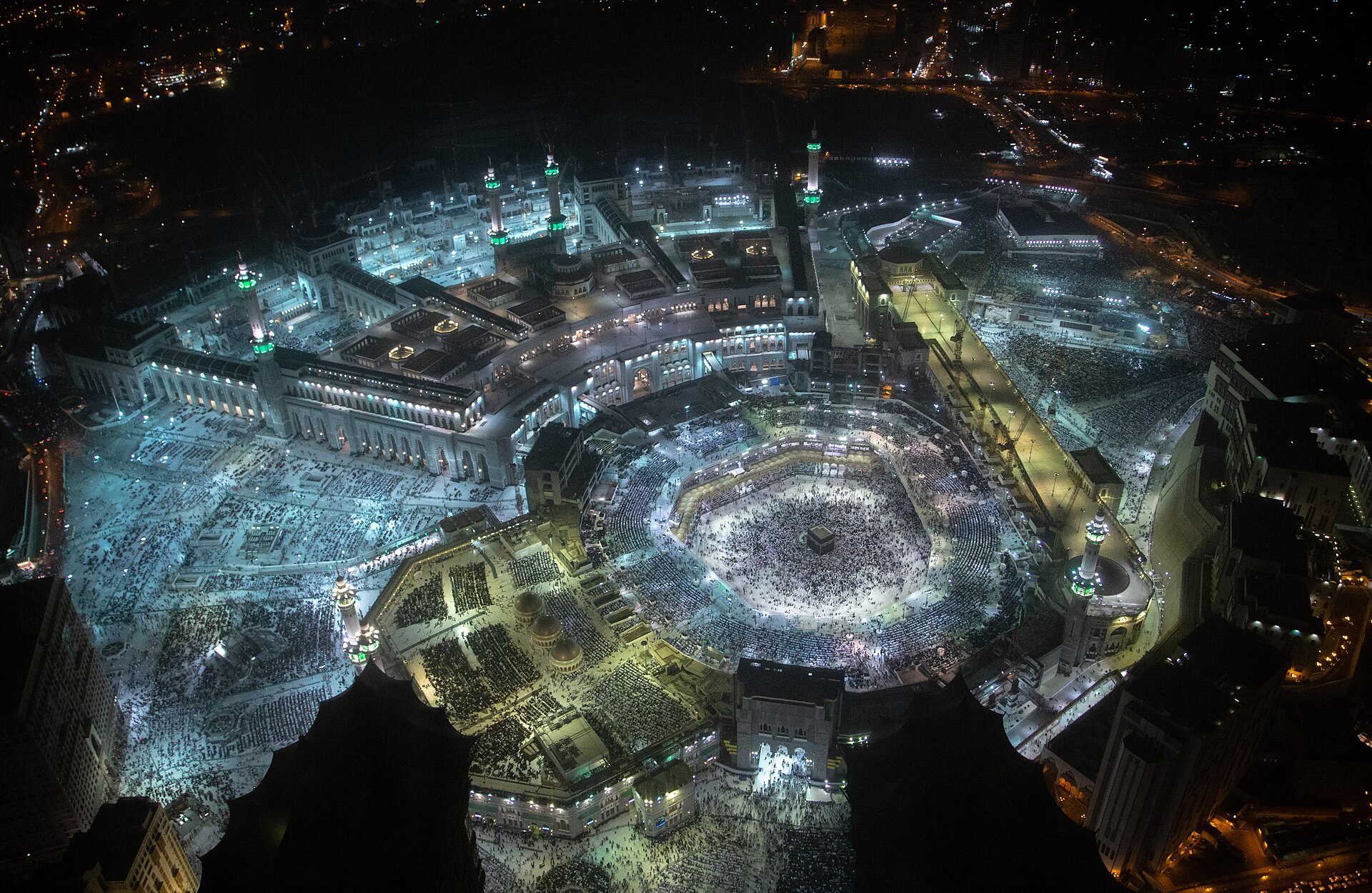 Night aerial photograph of Masjid al-Haram and the Kaaba in Makkah